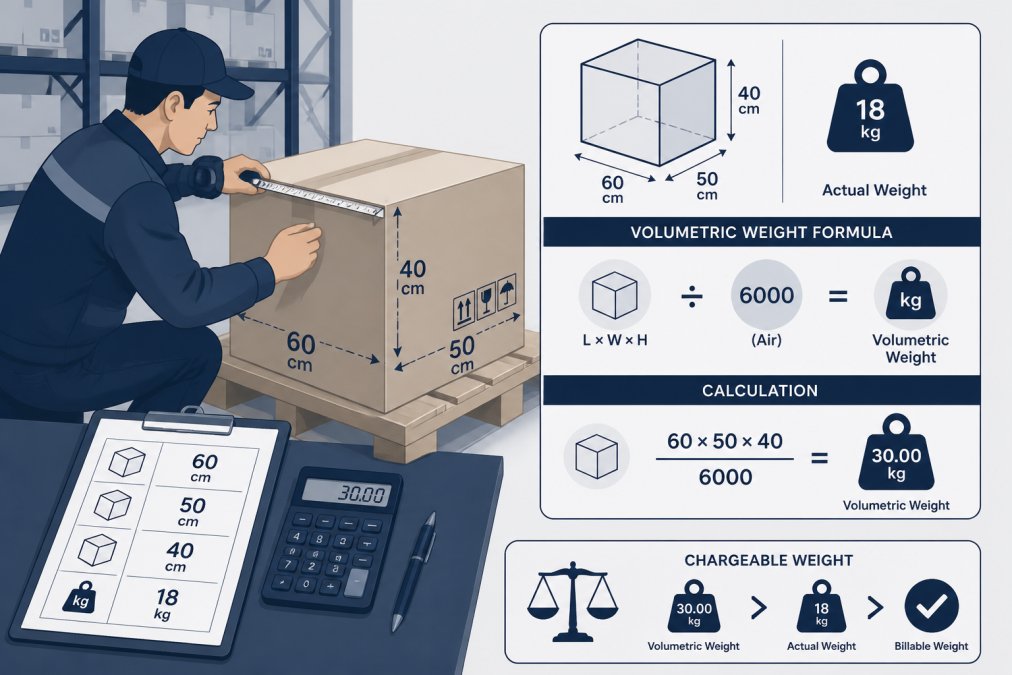 Logistics professional carefully measuring cargo box dimensions with a metal tape measure on a wooden pallet, clipboard with notes and calculator visible on the table, natural warehouse lighting