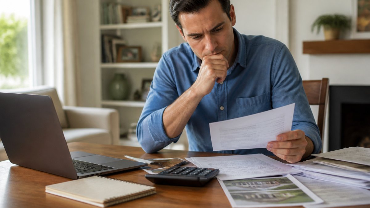 Adult child sitting at a desk with documents, calculator, and laptop, reviewing inherited property paperwork and appraisal documents with a thoughtful expression