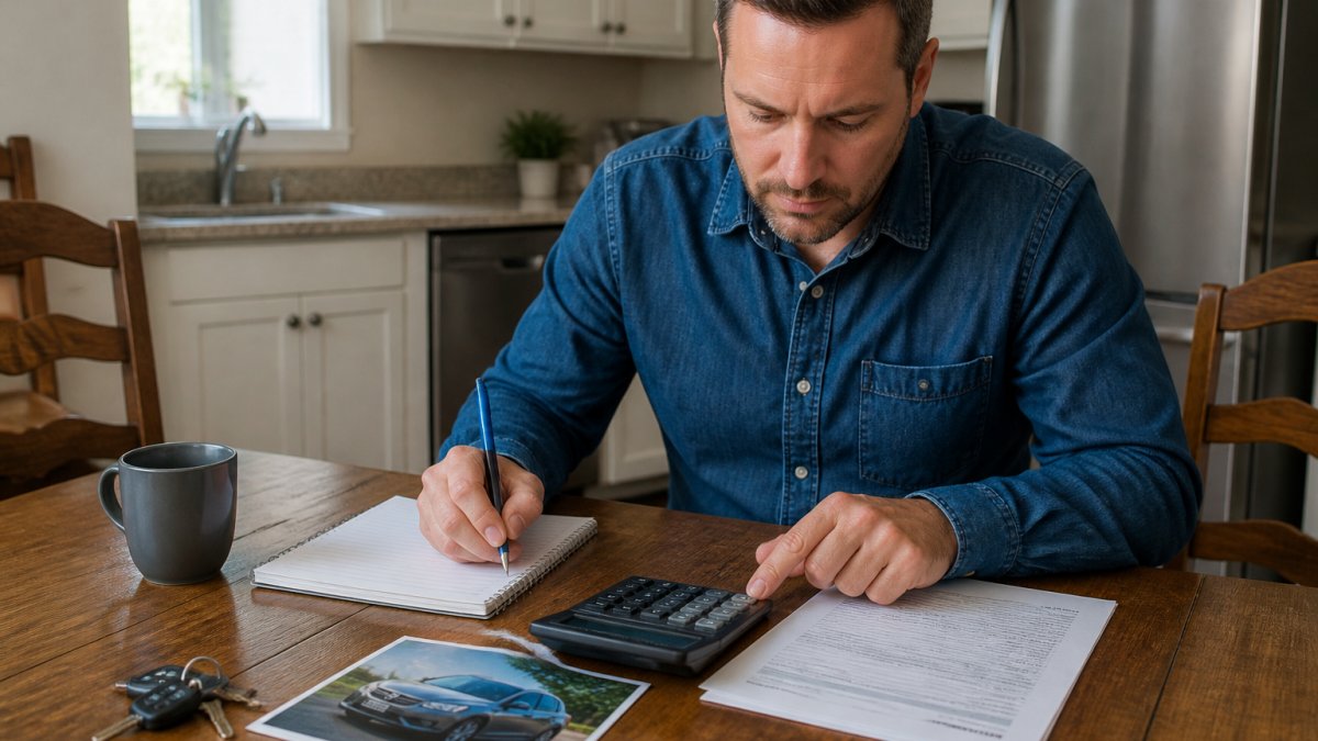 A person at a kitchen table with a laptop, a car loan statement, and a notepad, working through numbers with a calculator