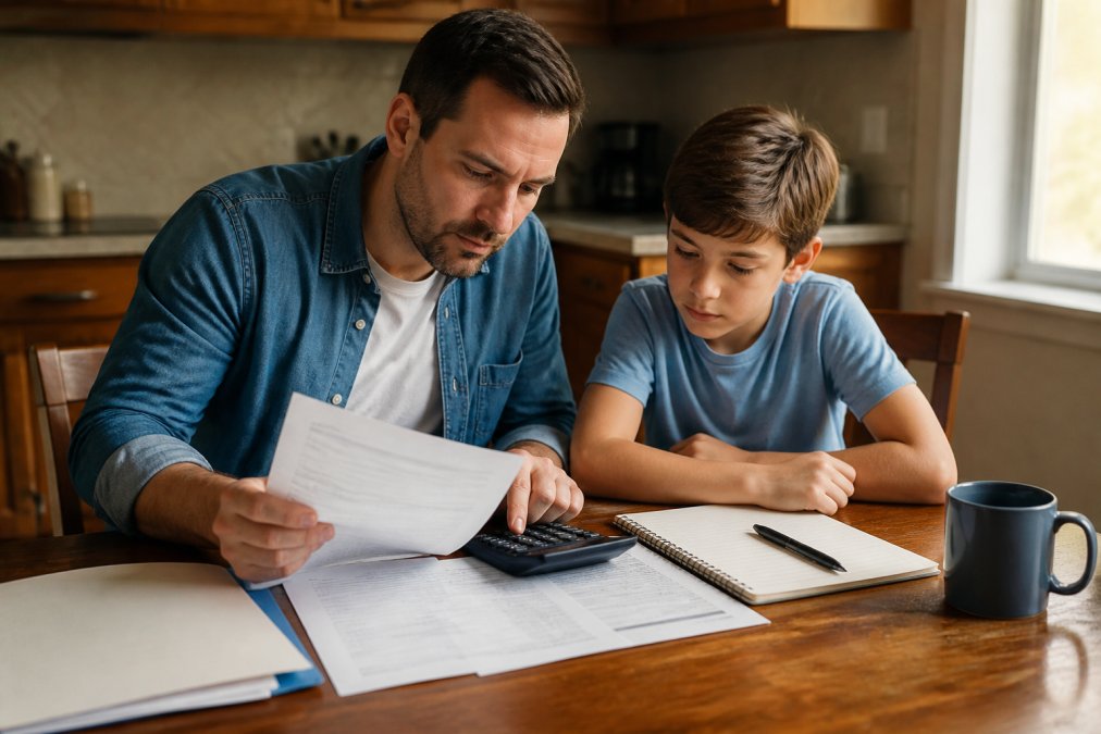 Parent and child reviewing financial documents together at a kitchen table with a calculator, notebook, and income statements in natural afternoon lighting