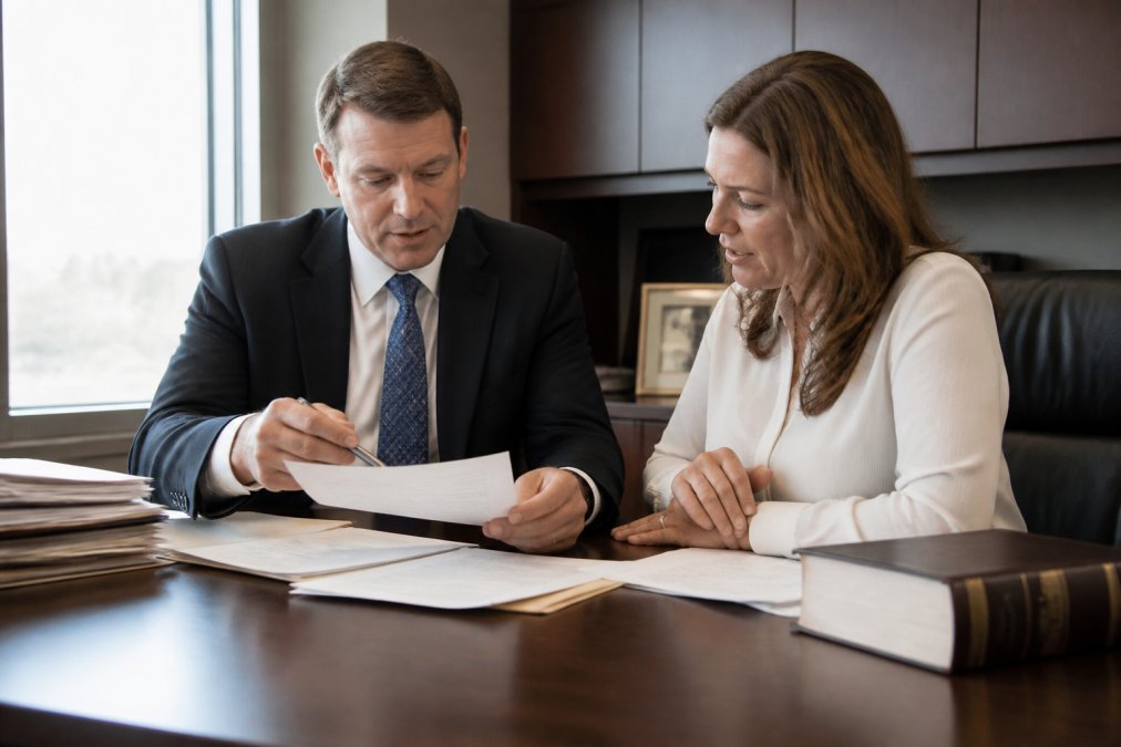 Family law attorney and client reviewing modification paperwork and financial documents in a professional office setting with natural lighting
