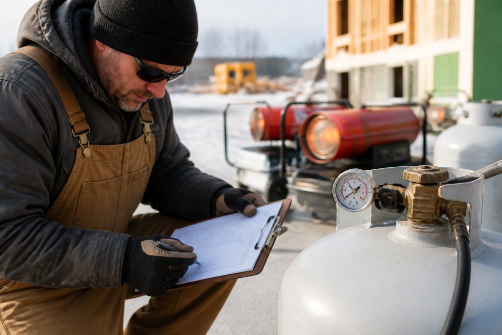 Professional contractor reviewing propane tank gauge readings and equipment specifications on a clipboard at a commercial construction site with multiple job site heaters in background