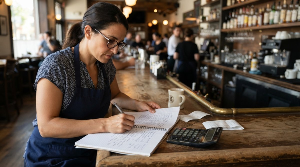 Restaurant owner reviewing subscription data and metrics on a laptop at the counter, with a notepad and calculator nearby