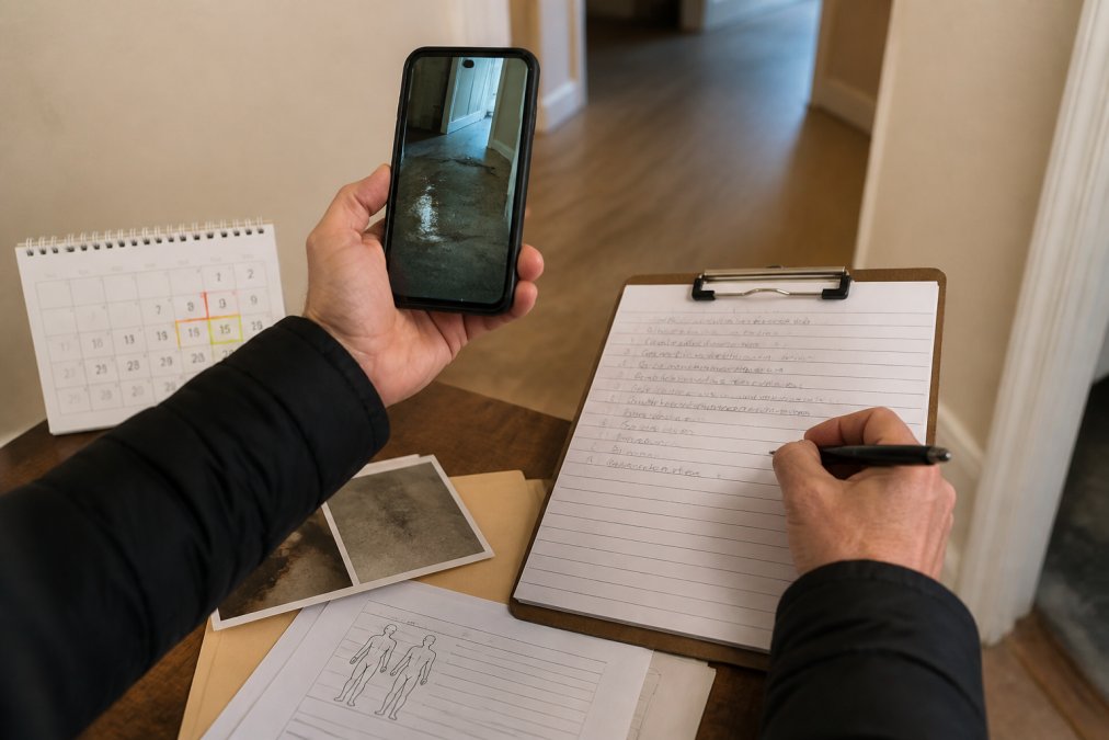 Infographic steps to document evidence and calculate damages apartment accidents using photos and notes.