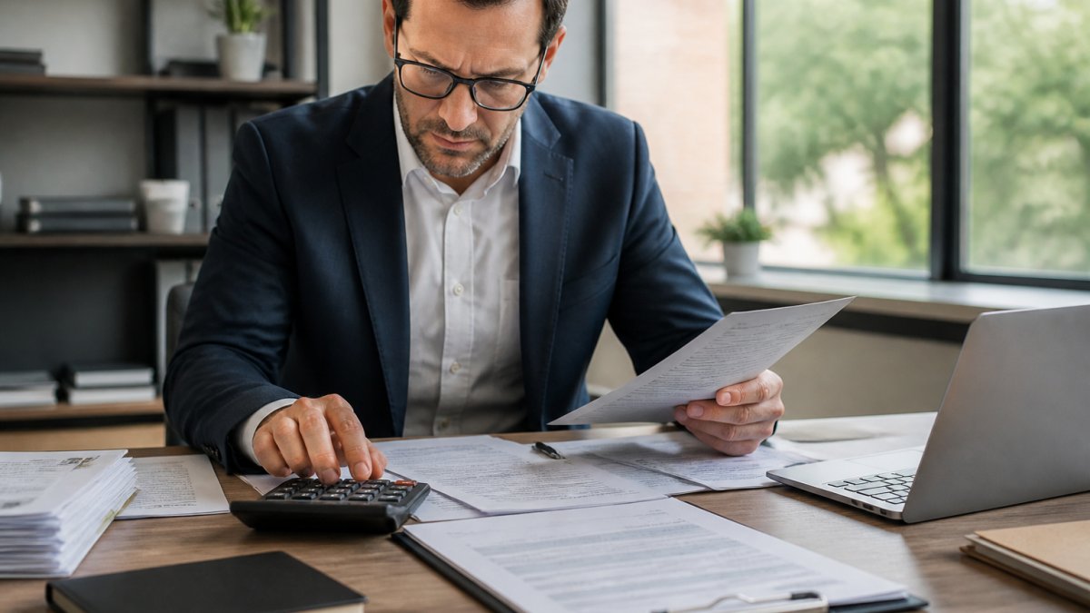 Professional sitting at desk with documents, calculator, and laptop, reviewing legal papers and financial records to estimate lawsuit defense costs in bright office setting