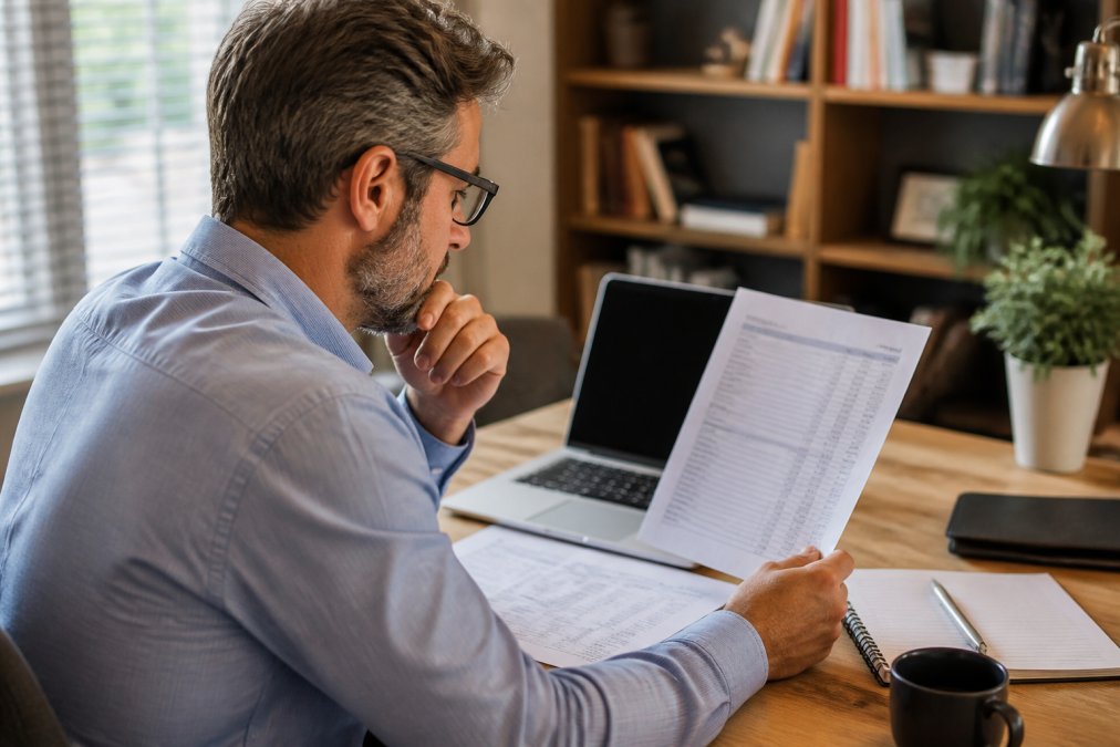 An investor reviewing financial statements with dividend data and earnings reports on a computer screen in a home office, with financial charts visible