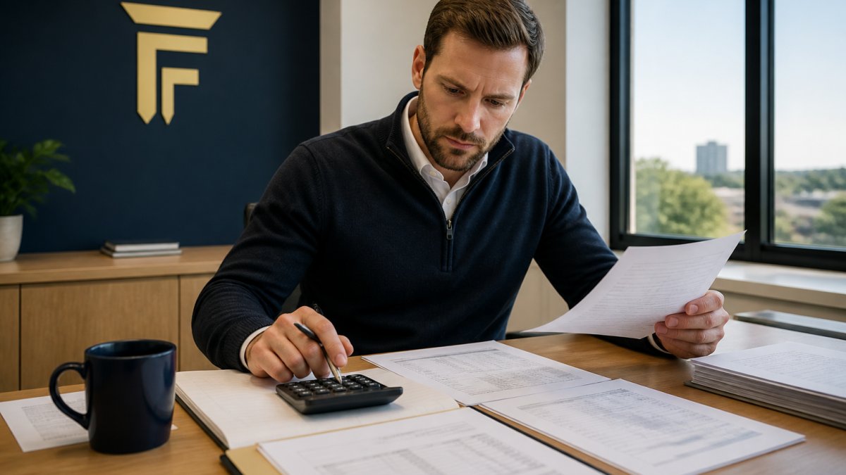 Business owner reviewing financial statements and loan documents at a desk with calculator and coffee in a modern office setting with natural lighting