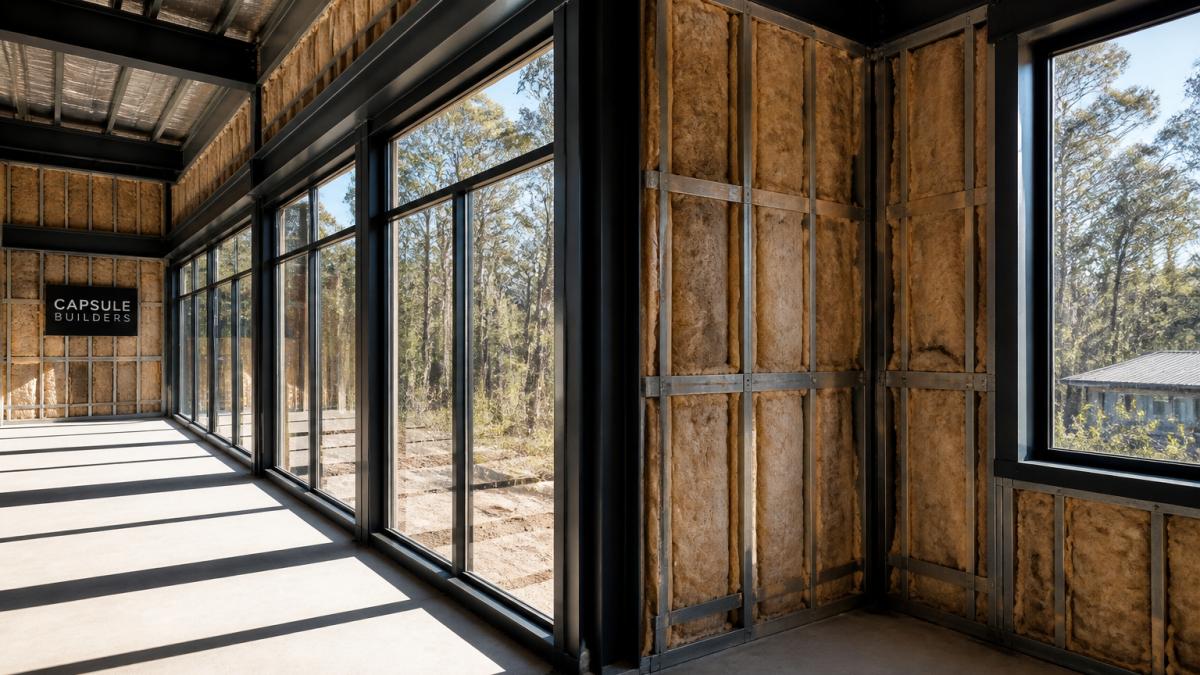 Interior of a modern modular home showing large double-glazed windows, exposed steel frame, and visible insulation in walls, with natural light streaming through windows