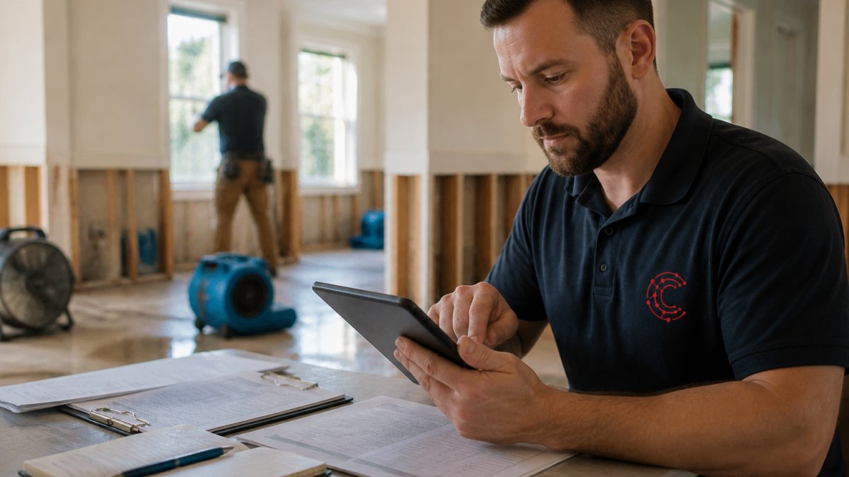 Restoration crew leader reviewing job documents and cost sheets on a tablet at a water-damaged residential site, morning light through open windows