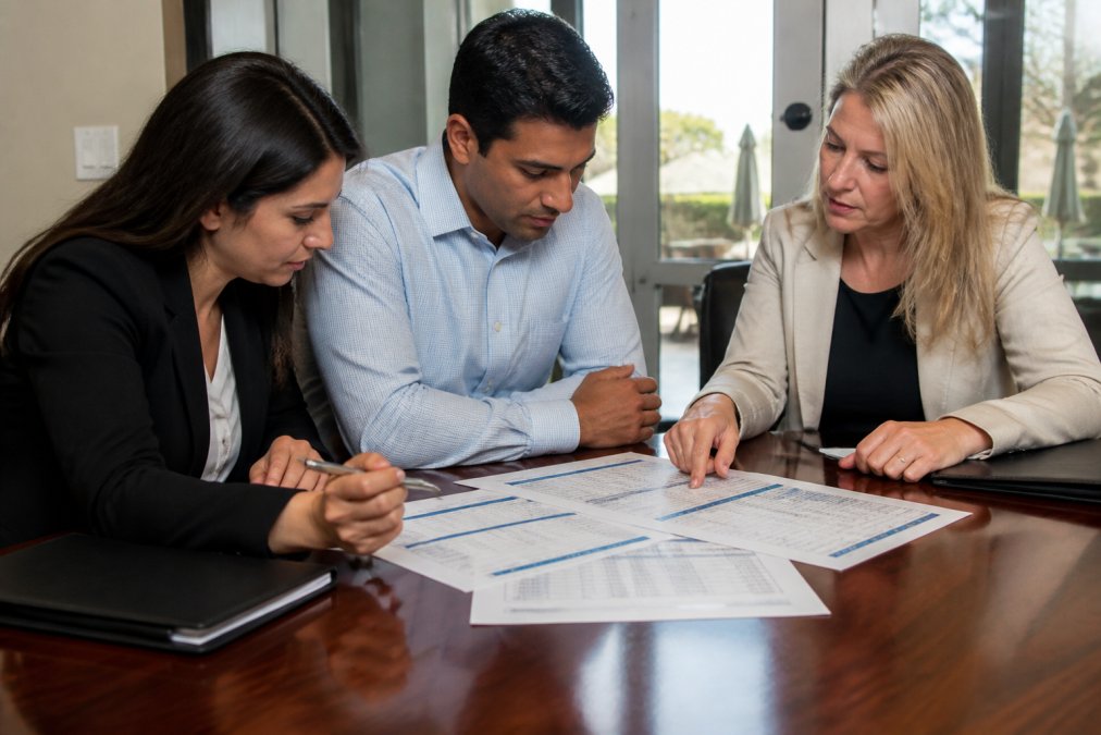 Professional team reviewing printed budget spreadsheet with cost breakdowns and ground transportation calculations at a conference table during corporate retreat planning session, natural office lighting