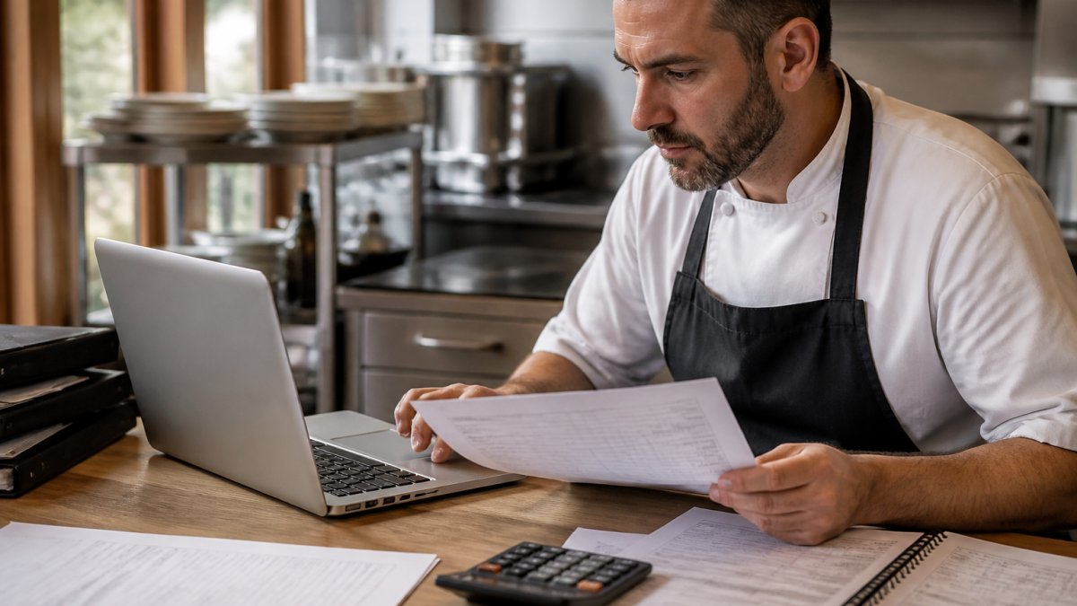 Restaurant manager or head chef reviewing labour cost calculations on laptop and paper documents at desk with calculator and payroll records visible
