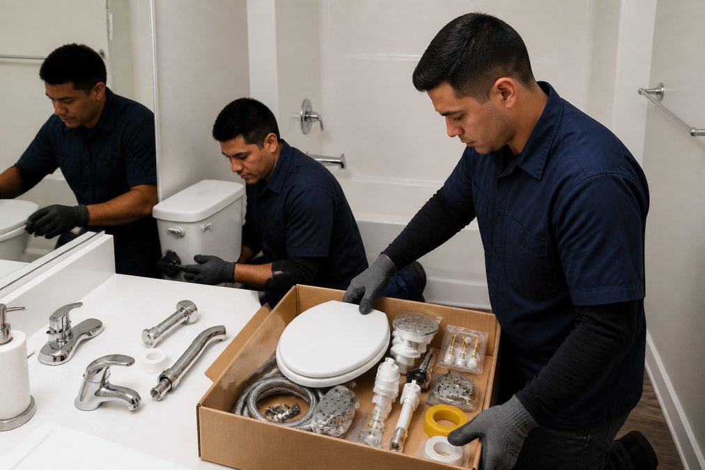 Team of maintenance workers efficiently installing bathroom fixtures from a pre-kitted repair box in an apartment unit, with organized tools and parts visible on the counter, professional lighting