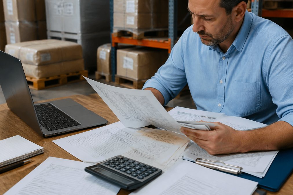 A logistics manager reviewing shipping invoices and customs documents spread across a desk, with a laptop open showing a spreadsheet, in a modern warehouse office setting