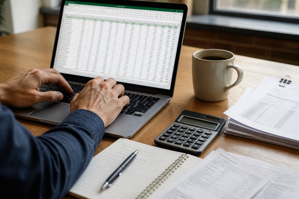 Close-up of hands typing on a laptop keyboard with a spreadsheet visible on screen, a coffee mug and printed freight invoices nearby on a clean office desk