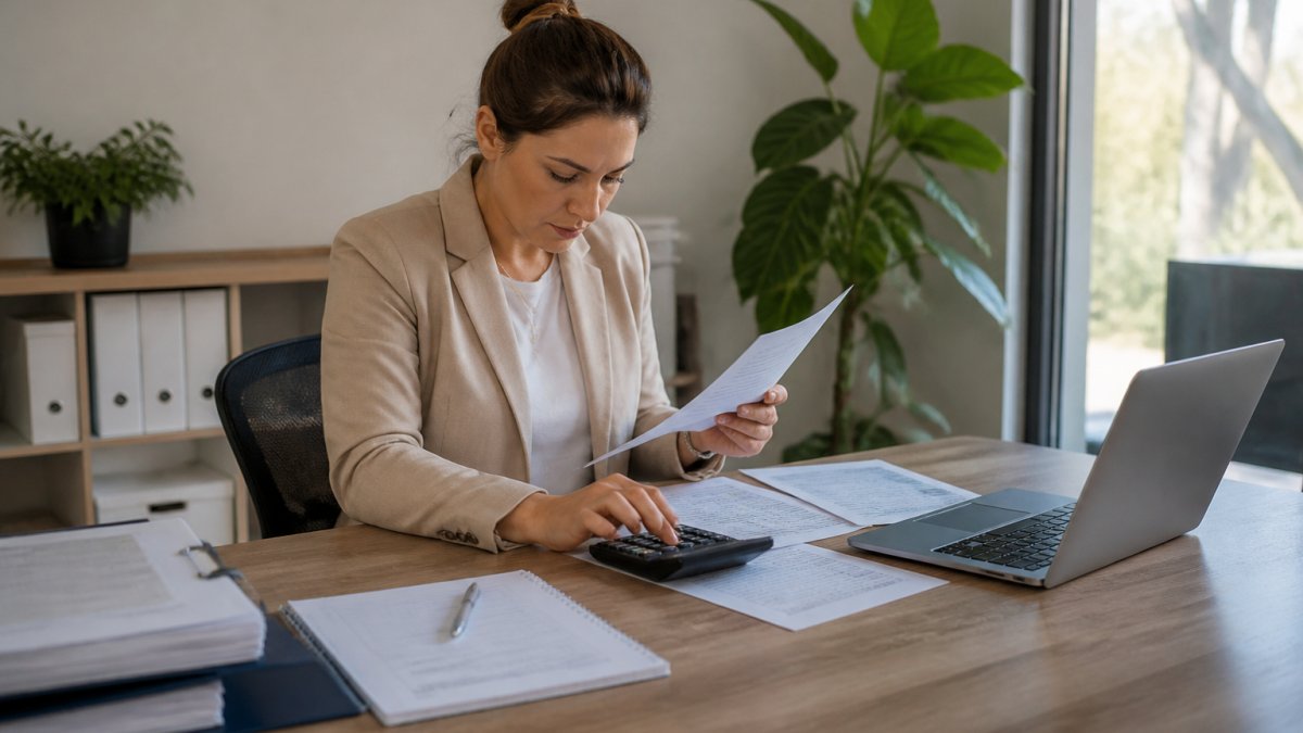Wellness clinic manager reviewing financial reports and expense spreadsheets at a desk with a calculator and laptop, natural office lighting