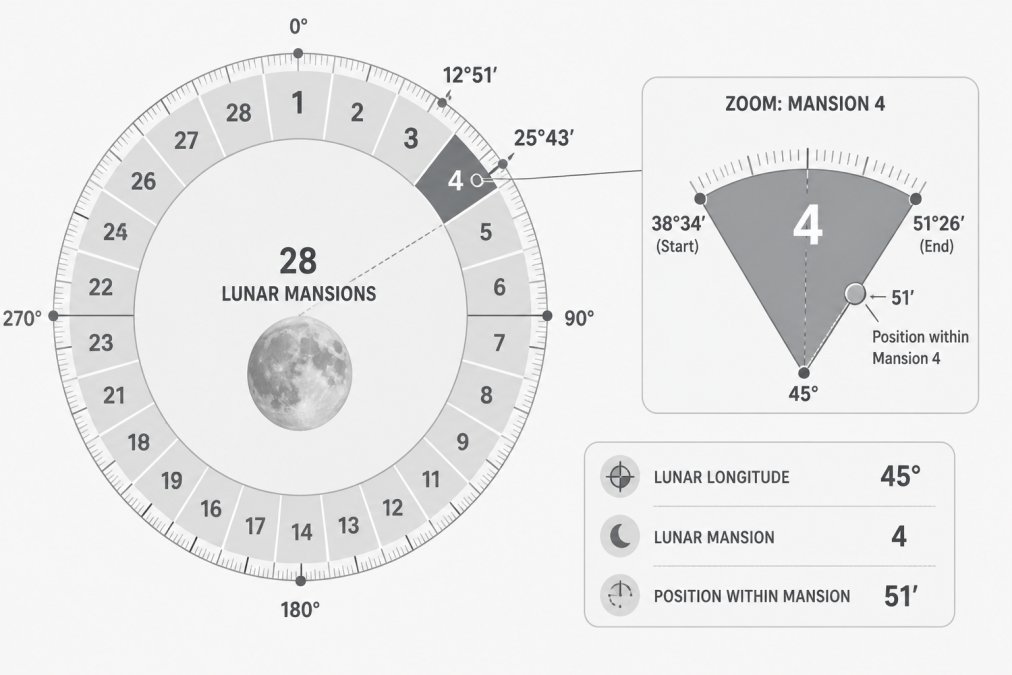 Diagram showing how to calculate moon position in lunar mansions using a 28-segment ecliptic circle and longitude.