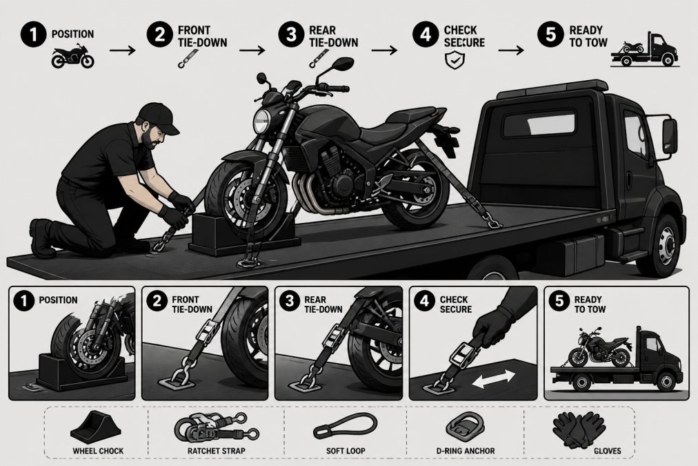 Professional towing operator securing a motorcycle onto a flatbed truck using proper straps and equipment, showing the actual towing setup process with careful hand positioning and tie-down placement
