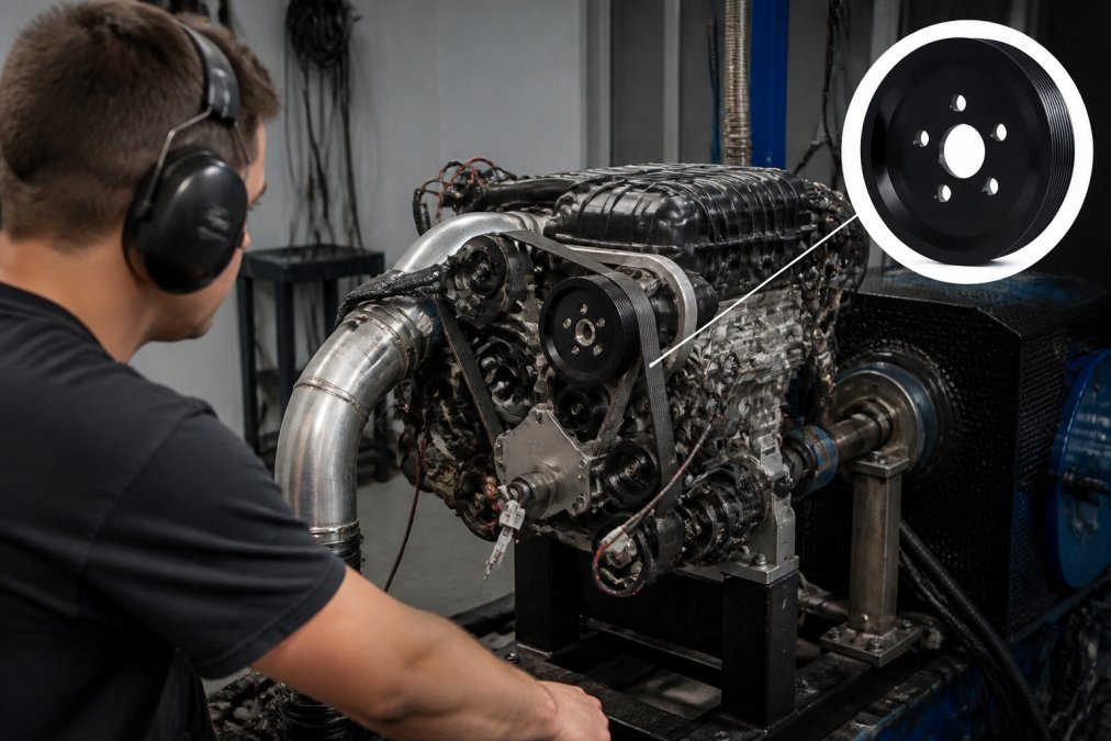 Technician monitoring engine dynamometer readings on computer screen while supercharger power measurement test runs on engine mounted to dyno, with cables and sensors visible in workshop setting