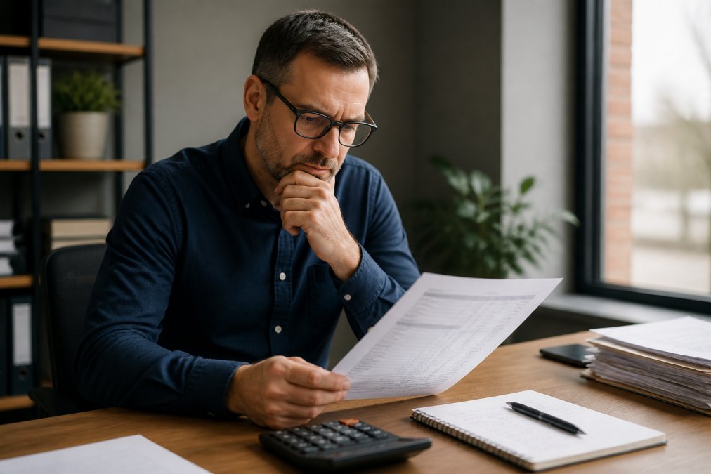 Business owner reviewing a detailed merchant statement on a computer screen with a calculator and notepad on the desk, analyzing numbers with focused concentration in a modern office setting