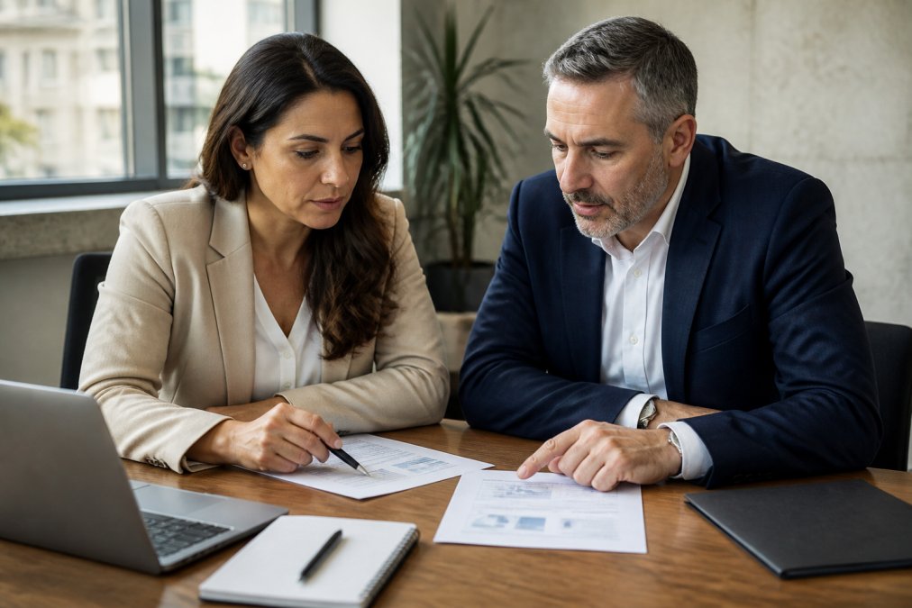 Professional meeting between two business people at a table with documents and laptops, discussing payment processing strategy and cost reduction with focused attention in a modern office conference room