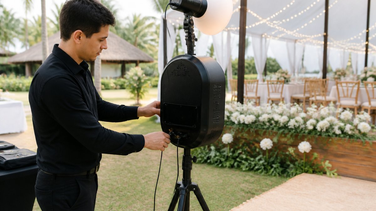 Professional operator setting up lighting and camera equipment at an outdoor wedding venue before guests arrive