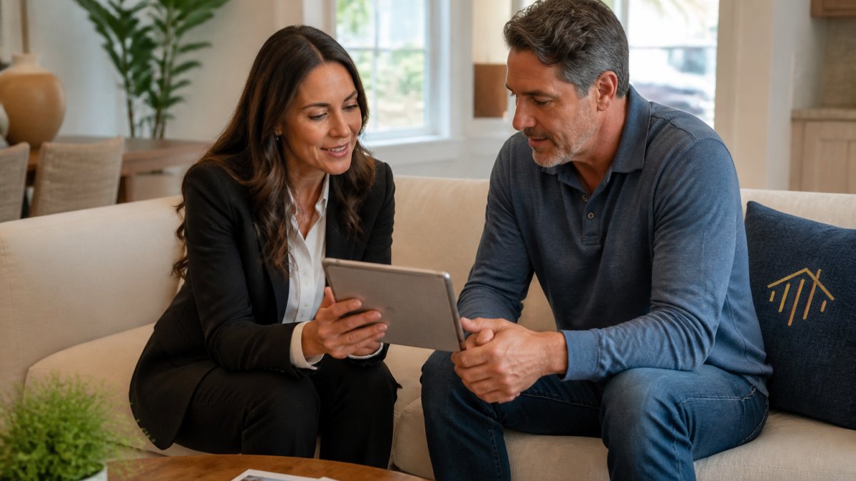 Real estate agent reviewing comparable property sales data on tablet with client at home showing in Ventura County, discussing market value and appreciation trends with neighborhood comps
