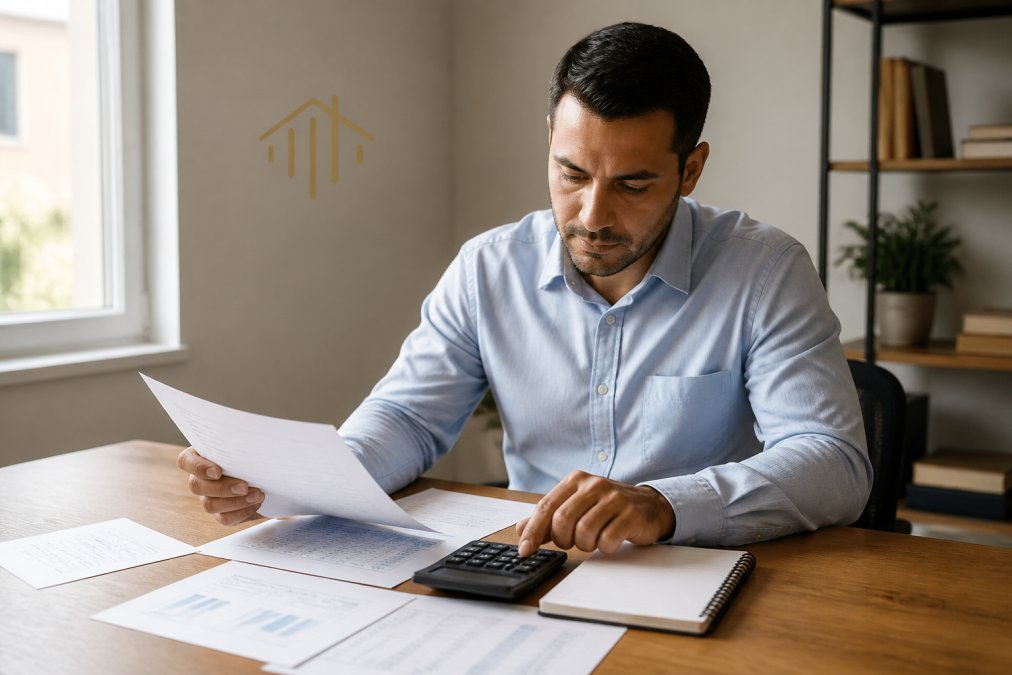 Property investor using a calculator and spreadsheets to calculate rental property ROI at a desk.