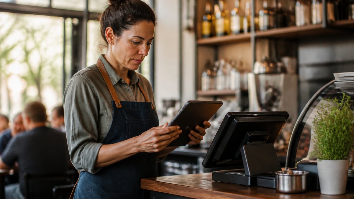 Restaurant manager checking loyalty software ROI and sales data on a tablet at a modern POS counter