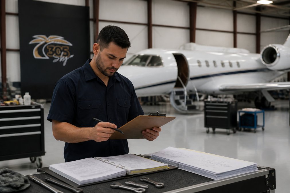 Professional aircraft maintenance technician reviewing upgrade specifications and financial documents on a clipboard in a hangar bay with a business jet in the background