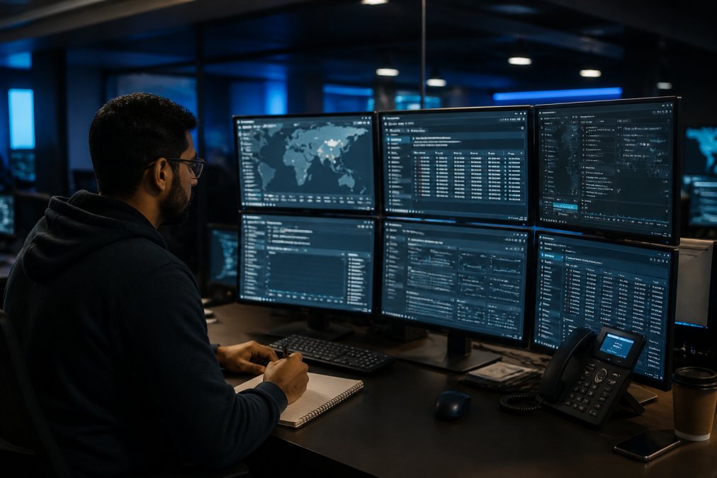 A cybersecurity analyst working at a multi-monitor workstation displaying security dashboards and threat maps, taking notes on a notepad in a dimly lit modern SOC environment with blue ambient lighting