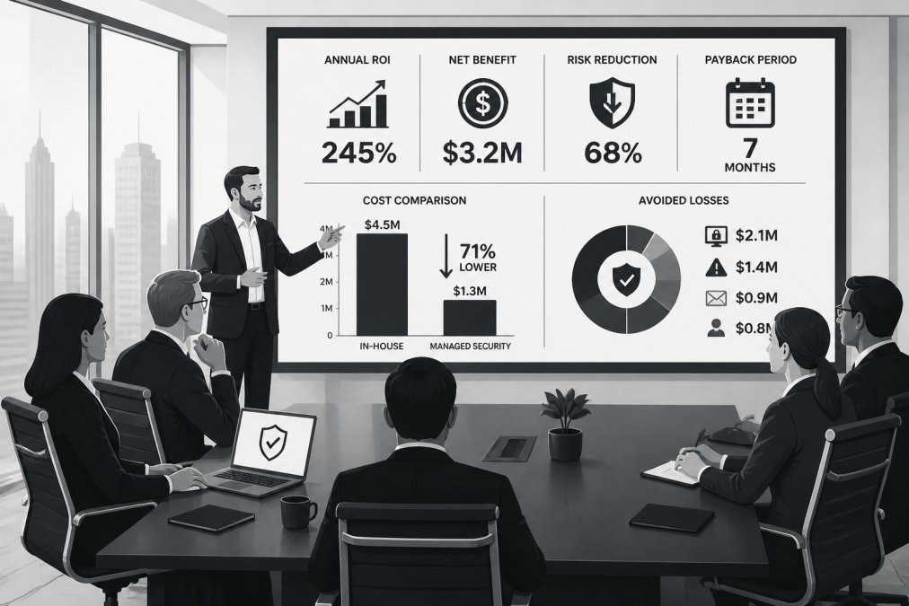 A CISO presenting security metrics on a large screen to a group of executives seated around a conference table in a bright modern corporate boardroom, with city views visible through floor-to-ceiling windows