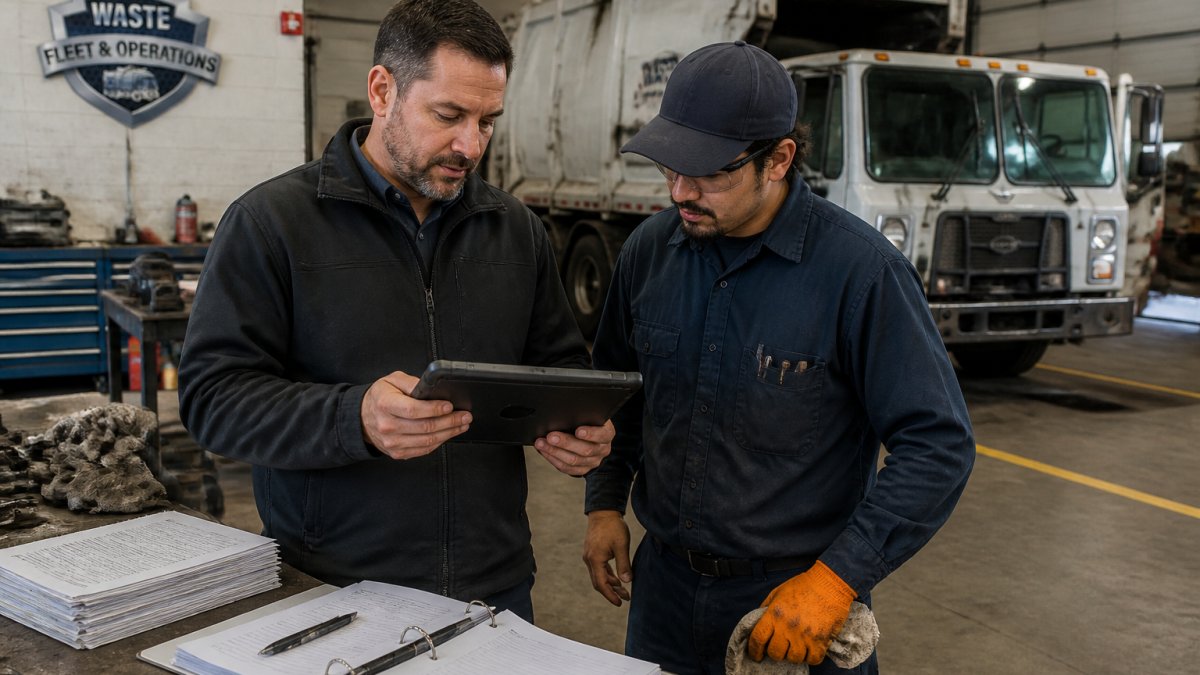 Maintenance director and shop technician reviewing vehicle maintenance logs and cost records on a tablet in a waste fleet garage, with trucks visible in the background
