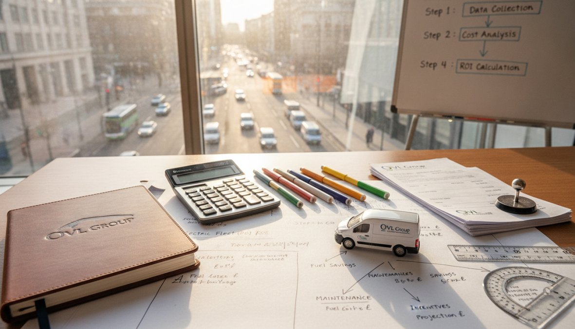 Fleet manager at a desk reviewing spreadsheets and vehicle data with electric vehicles visible through office windows in background, natural daylight, focused concentration