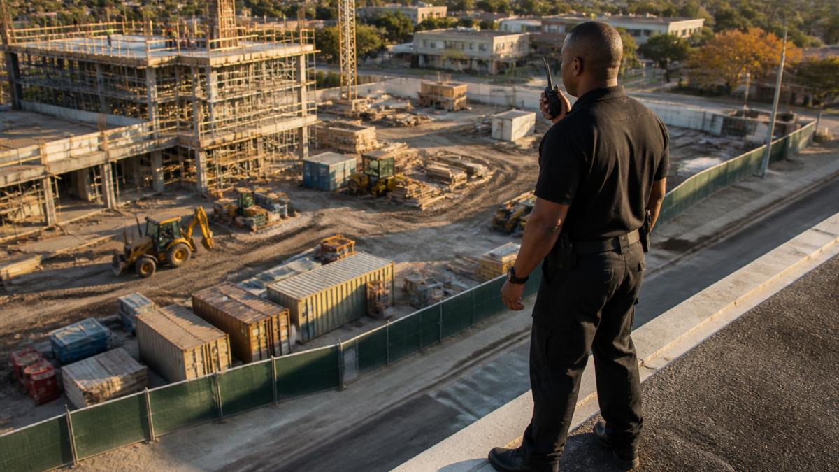 Aerial view of a construction site showing security guard coverage construction sightlines and perimeter fencing.