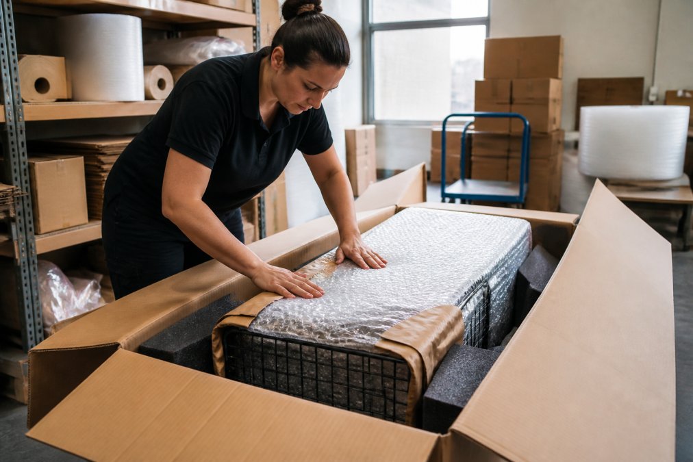 Person securing a large dog crate in a padded box to reduce shipping costs heavy pet supplies