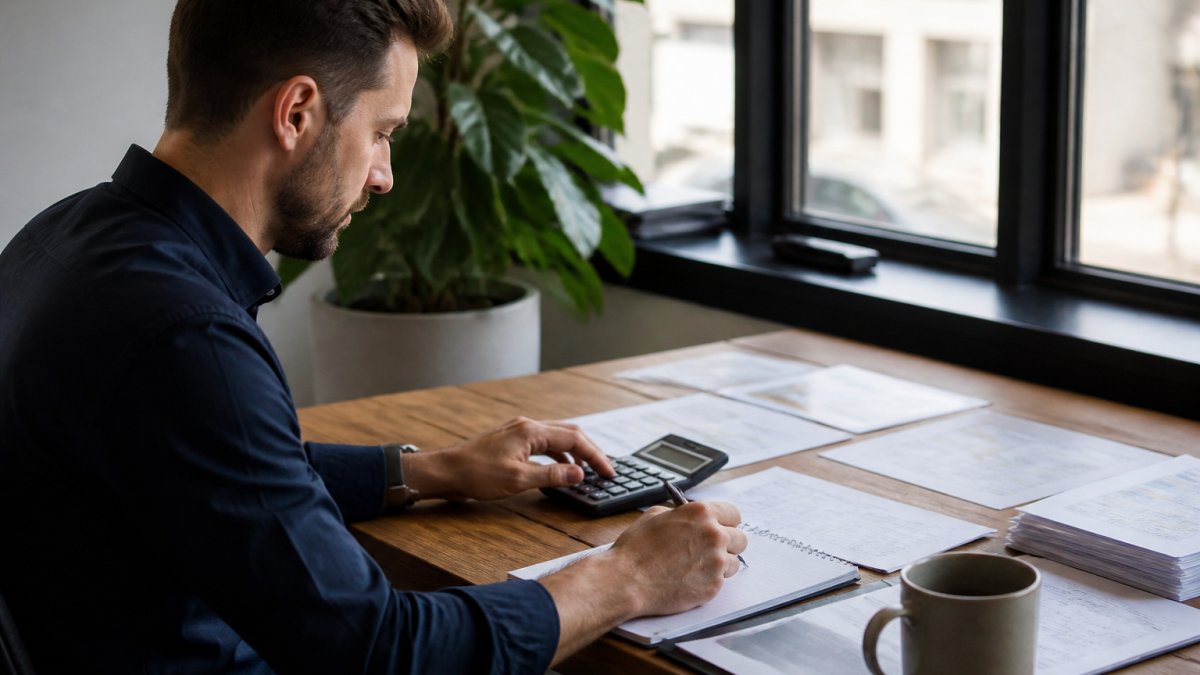Professional reviewing financial spreadsheets and cost calculations on a laptop at a desk with notepad and calculator, natural office lighting