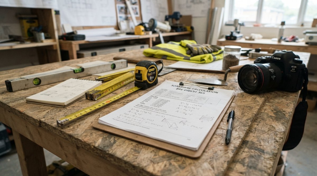 Close-up of a surveyor measuring roof dimensions on a residential property with a measuring tape and clipboard, capturing the horizontal projection of the roof against a clear sky