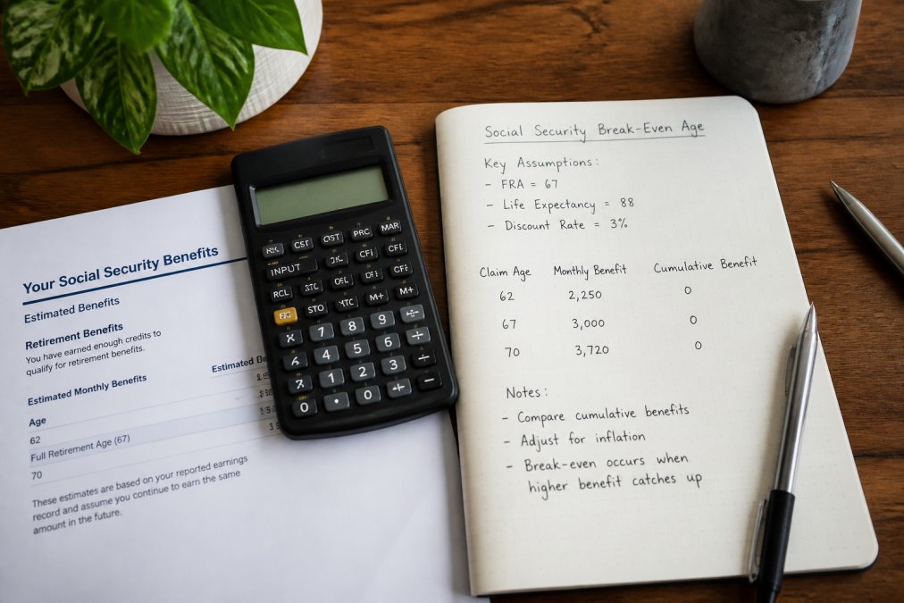 Overhead view of a financial planner's wooden desk with a calculator, a printed Social Security benefit statement, and an open notebook filled with handwritten retirement figures under warm natural light
