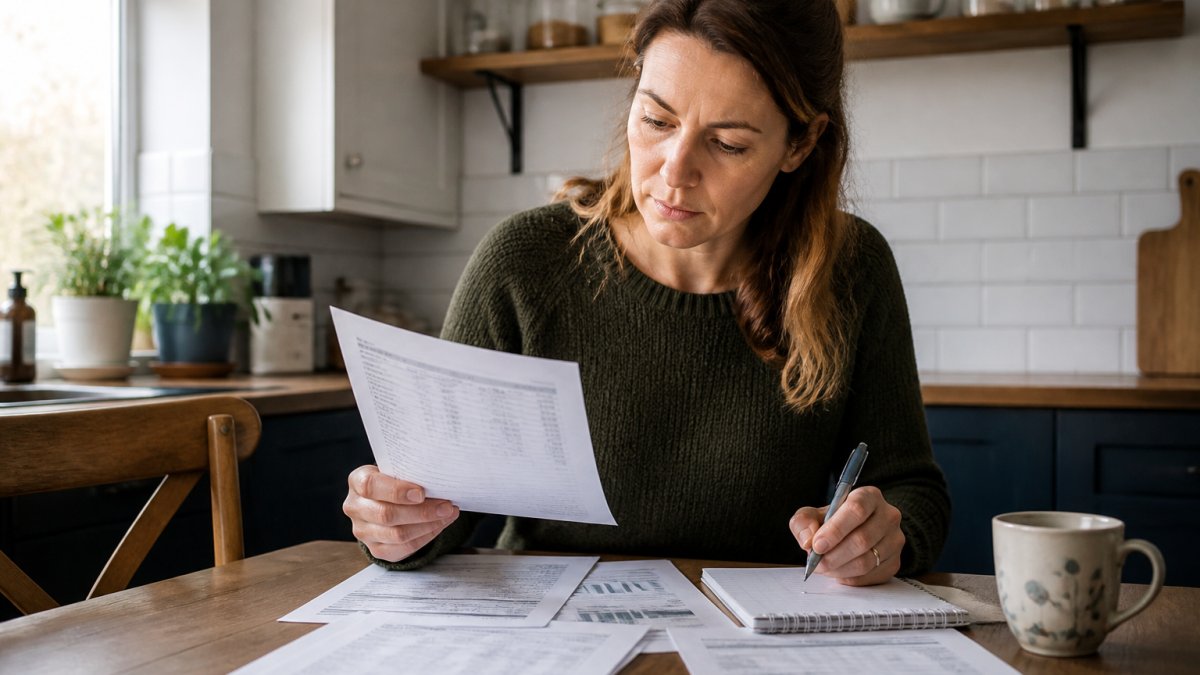 Homeowner reviewing printed electricity bills and meter readings at kitchen table with pen and notebook, natural morning light through window