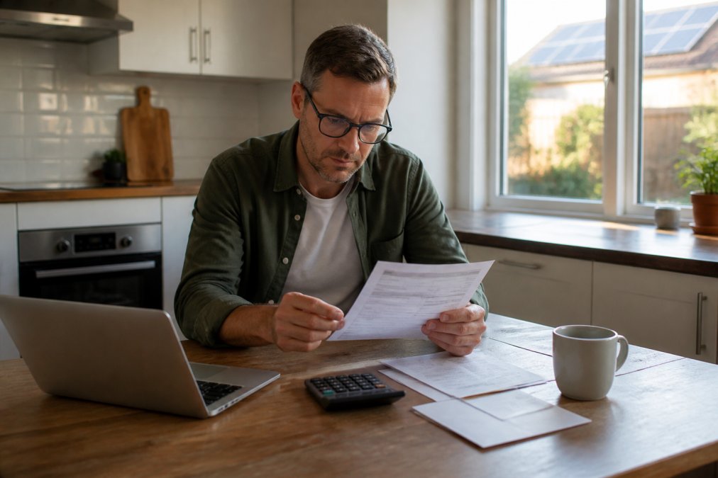 A homeowner in Melbourne reviewing a paper electricity bill at a kitchen table, with a laptop open to a solar savings spreadsheet and a calculator beside it, warm afternoon light through the window