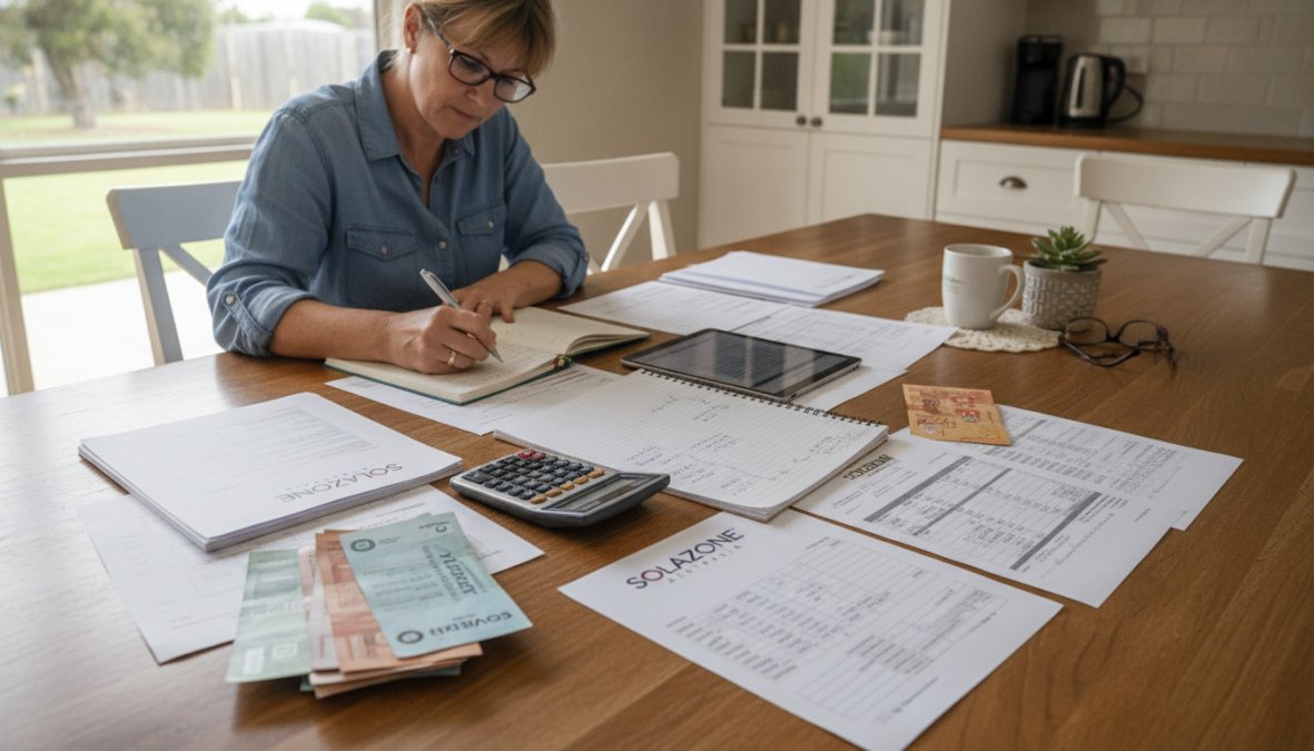 Homeowner reviewing solar installation documents and energy bill statements on a kitchen table with calculator and notepad, natural window light