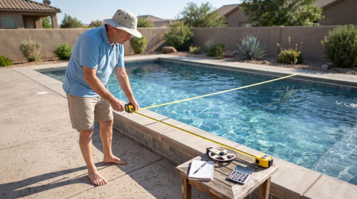 Homeowner measuring pool dimensions with measuring tape while standing poolside on a sunny day, with pool water and surrounding deck visible in background