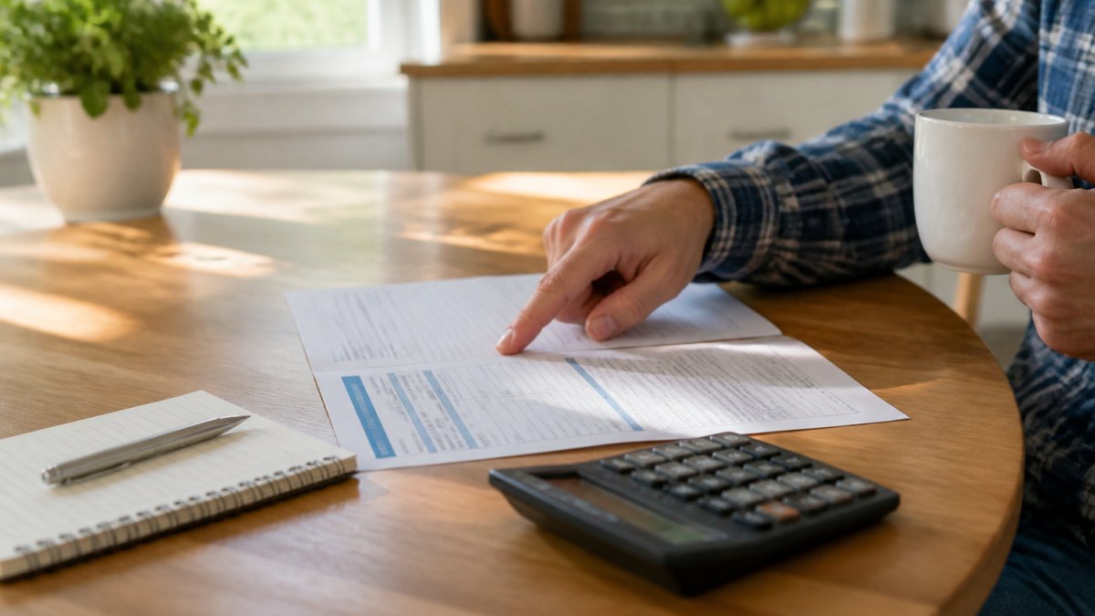 Homeowner using a calculator and electricity bill to calculate solar savings at a sunny kitchen table