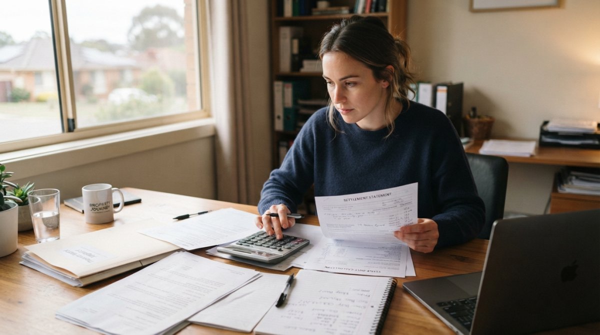 First home buyer sitting at desk with property documents, calculator, and laptop, reviewing settlement papers with focused expression and natural office lighting