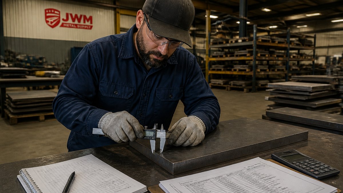 Professional fabrication shop worker measuring steel plate thickness with digital calipers, reference calculation notes and material specification sheets visible on the workbench with overhead shop lighting