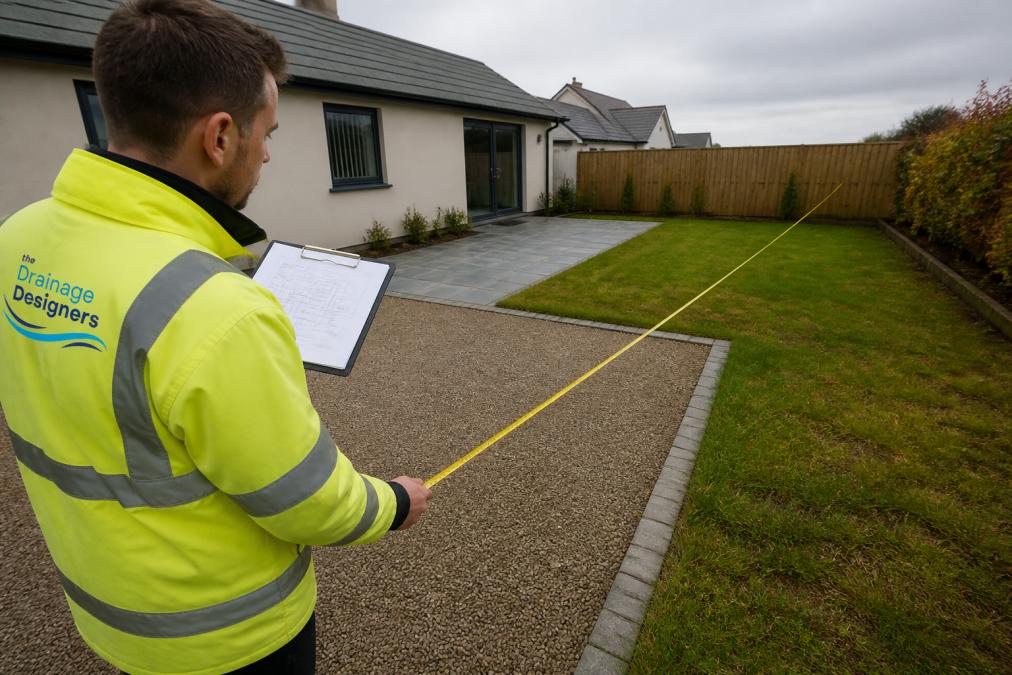 Site surveyor measuring catchment area on a residential property with measuring tape and clipboard, showing paved and permeable surfaces alongside grassed areas under overcast sky