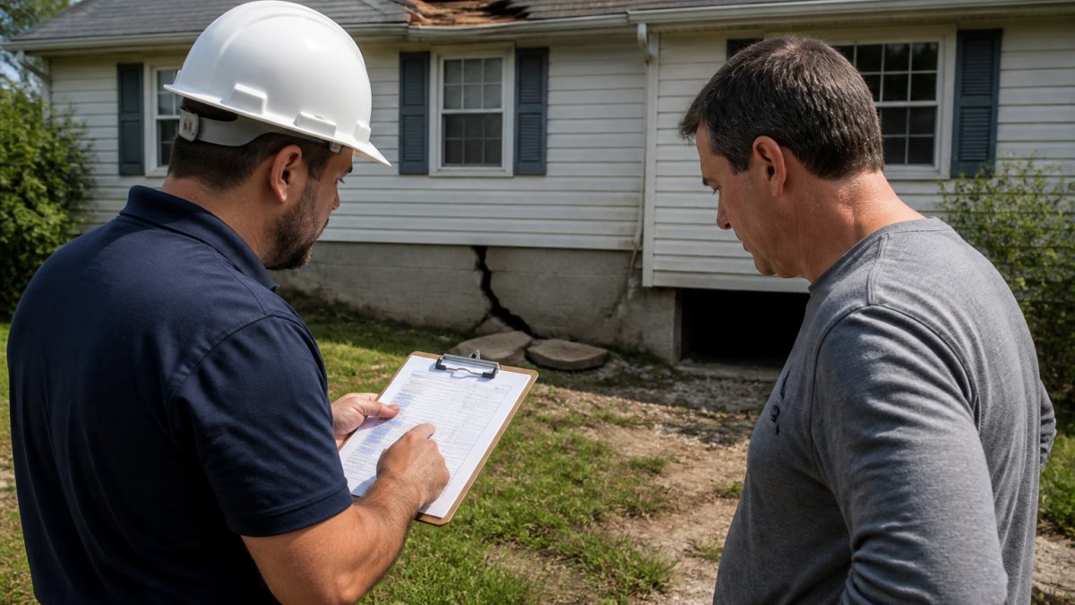 Professional contractor and homeowner reviewing repair estimates on a clipboard while standing in front of a house with visible roof damage and foundation issues, natural daylight