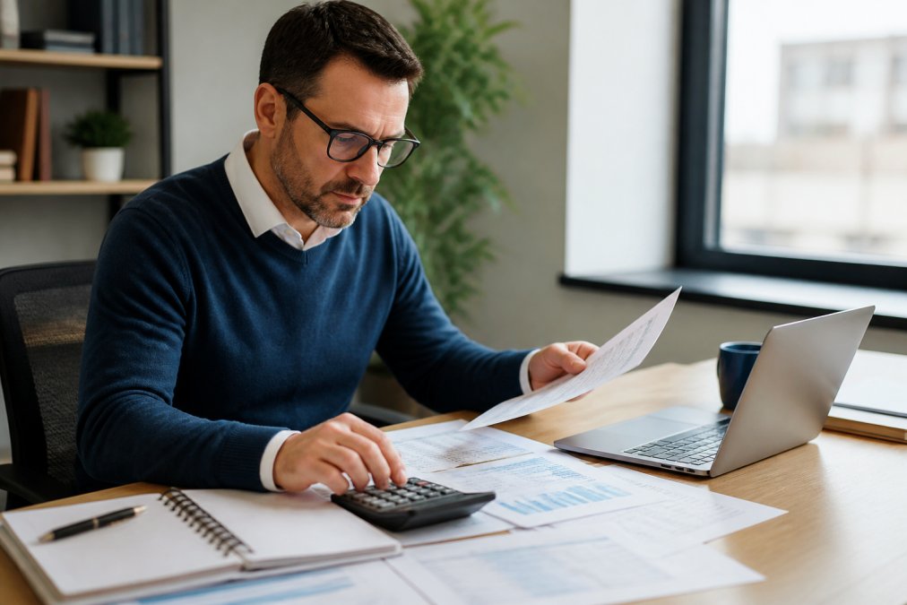 Business manager reviewing financial spreadsheets and cost analysis documents at desk with laptop and calculator, analyzing total cost of ownership data