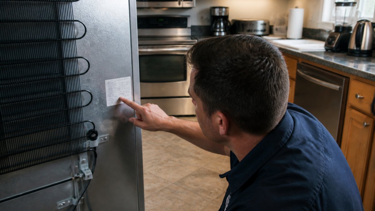 Homeowner checking the wattage rating label on the back of a refrigerator in a kitchen, with other household appliances visible on countertops and in the background