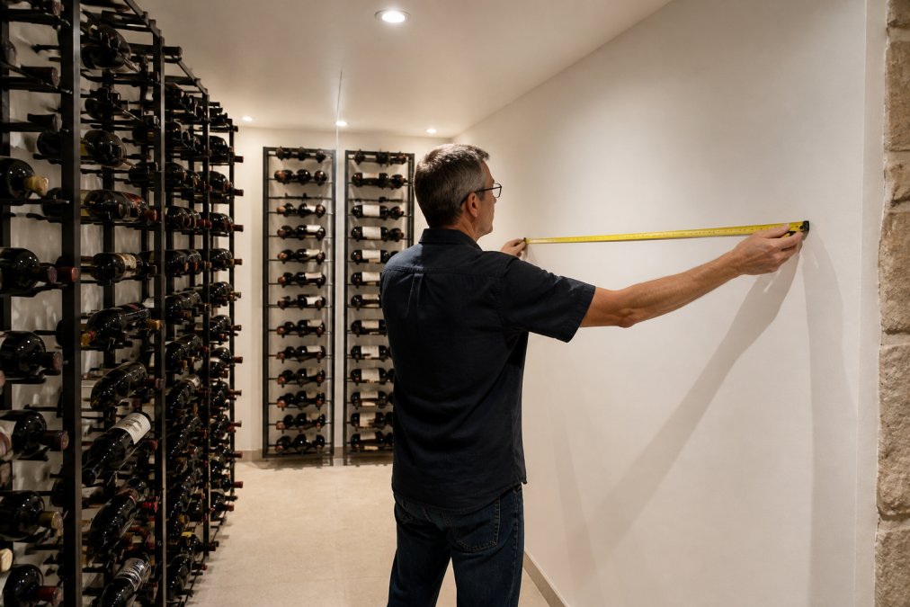 Professional wine collector measuring wall dimensions in a residential wine cellar with modular black racks, using tape measure against clean white walls with natural light from overhead fixtures